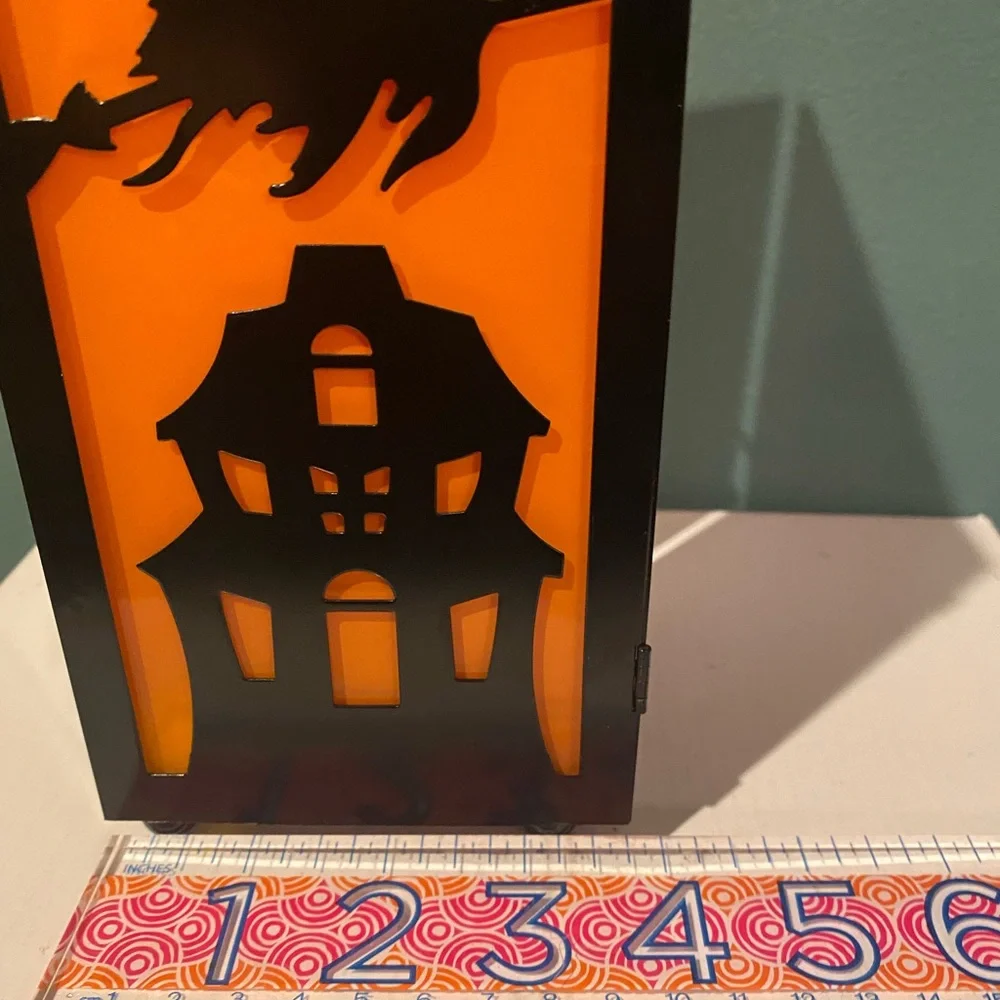 Square Halloween hurricane lantern votive holder with witch detail orange glass